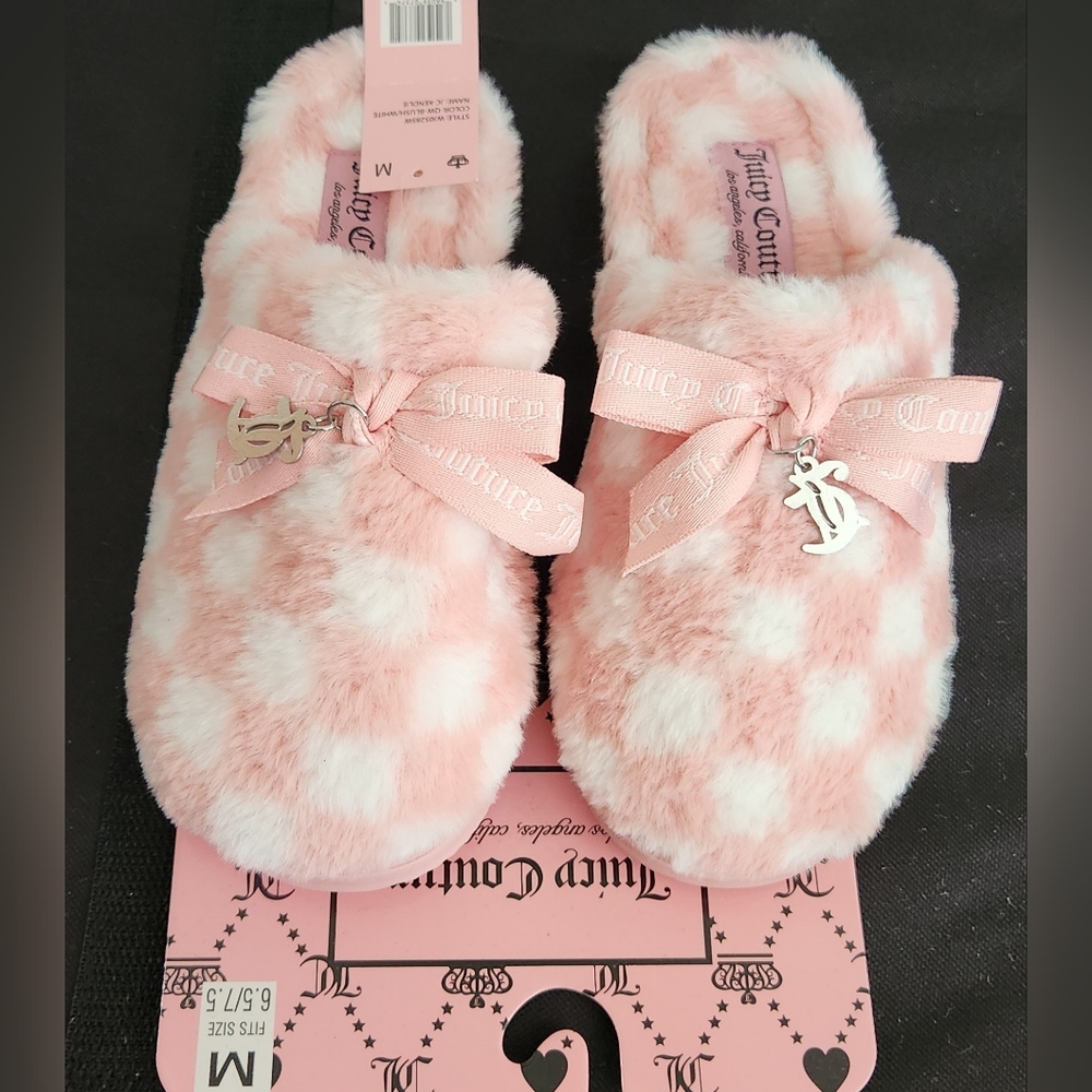Juicy Couture Pink and White Fuzzy Slippers Womens 6.5-7.5